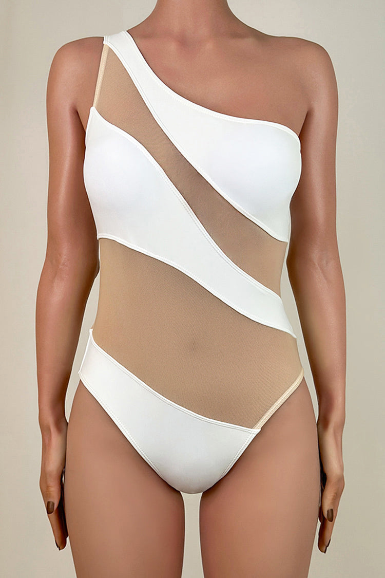 Sassy Mesh Panel One Shoulder Brazilian Cheeky One Piece Swimsuit