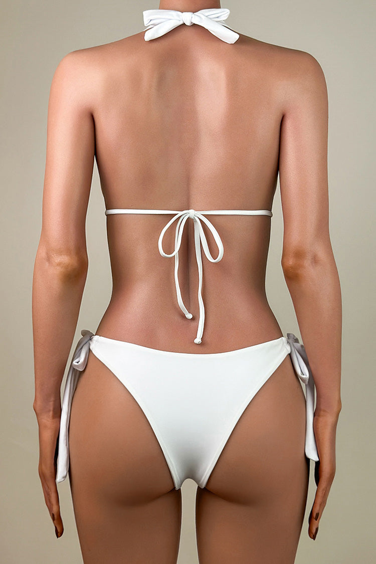 Sexy Crystal O Ring Low Rise Brazilian Cheeky Halter Tie Triangle Bikini Set