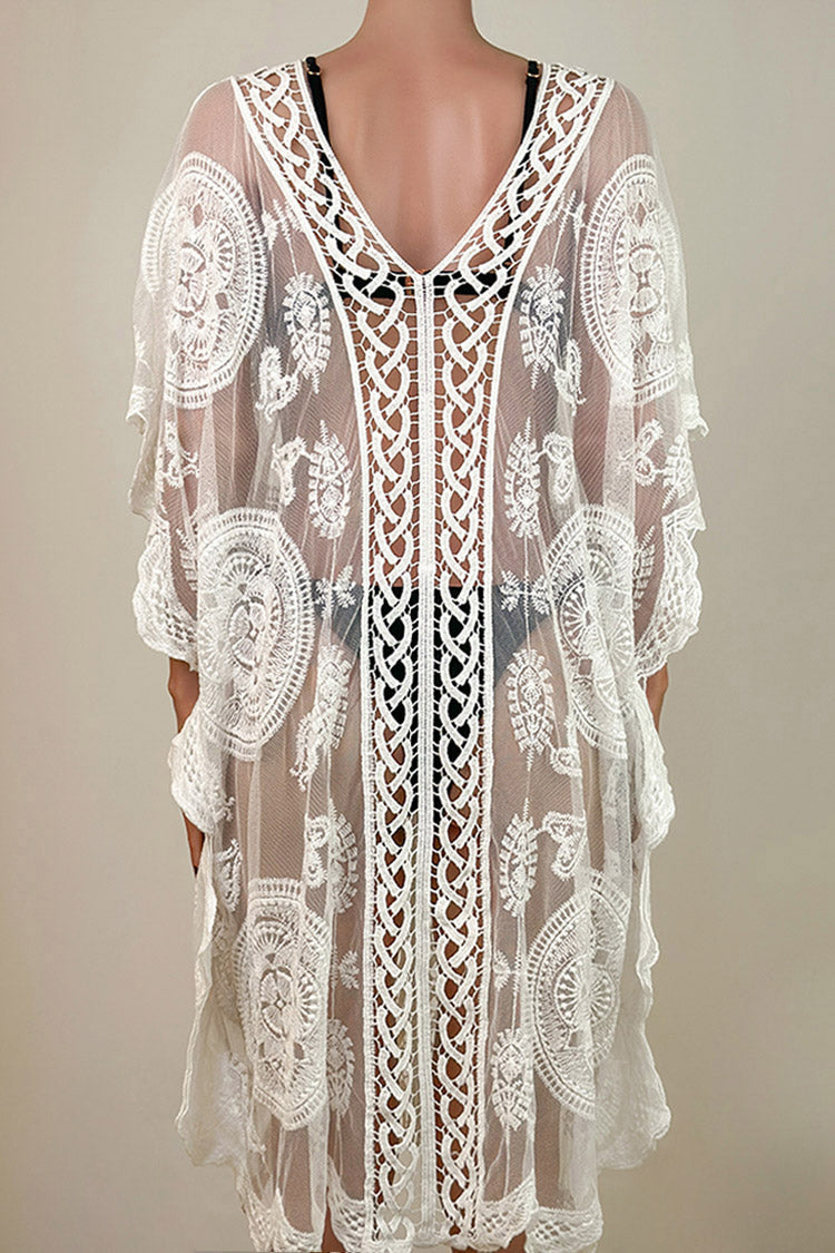 Sexy Floral Lace Cutout Short Sleeve Side Slit Cover Up Midi Dress