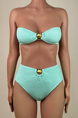 Sexy Gold Shell Detail Crinkled High Waist Brazilian Bandeau Bikini Set