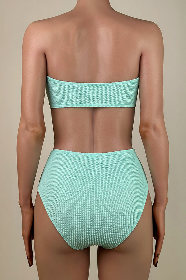 Sexy Gold Shell Detail Crinkled High Waist Brazilian Bandeau Bikini Set