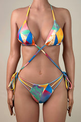 Sexy Printed Strappy Tie String Brazilian Cheeky Halter Slide Triangle Bikini Set