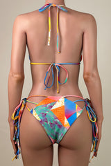 Sexy Printed Strappy Tie String Brazilian Cheeky Halter Slide Triangle Bikini Set