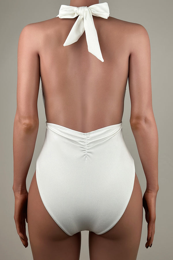 Sexy Ribbed Knot Front Low Back Deep V Brazilian Cheeky One Piece Swimsuit