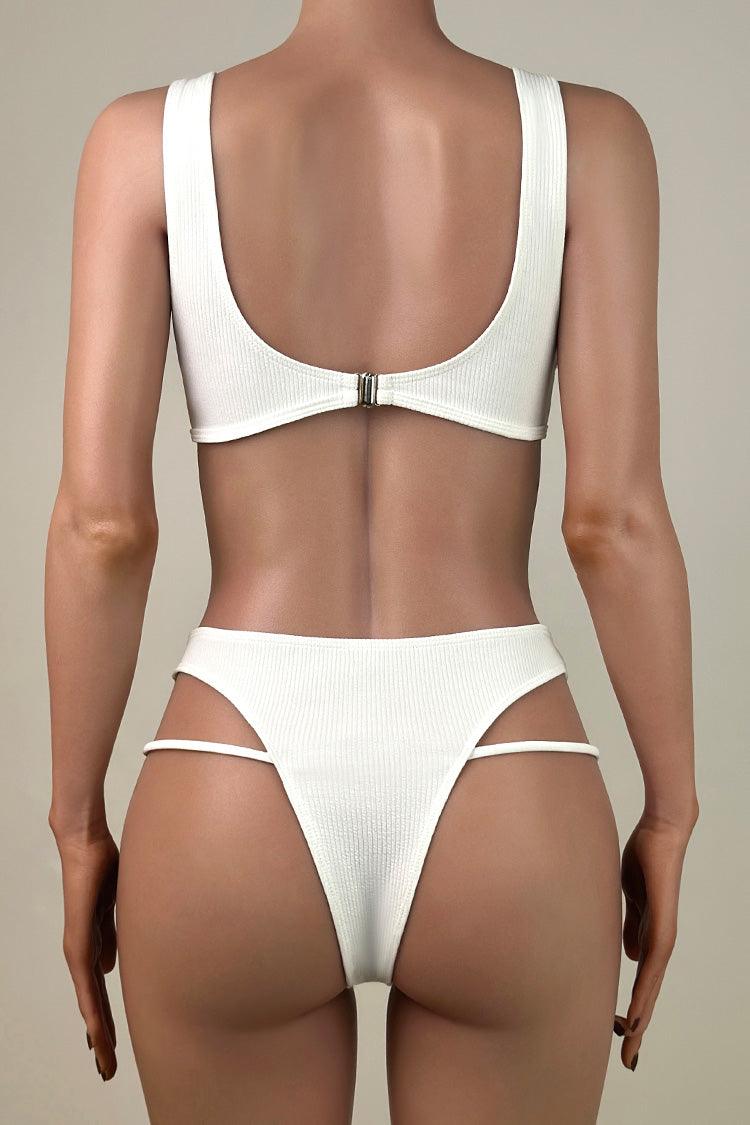 Sexy Ribbed Solid Color Cut Out High Leg Brazilian Cheeky Bralette Bikini Set