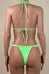 Sexy Ruched High Leg Brazilian Cheeky Thong Halter Slide Triangle Bikini Set