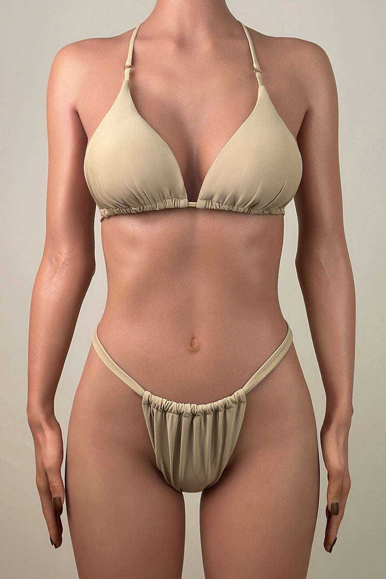 Sexy Ruched High Leg Brazilian Cheeky Thong Halter Slide Triangle Bikini Set