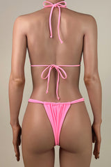 Sexy Ruched High Leg Brazilian Cheeky Thong Halter Slide Triangle Bikini Set