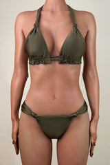 Sexy Ruffle Knot High Leg Brazilian Cheeky Scrunch Halter Slide Triangle Bikini Set