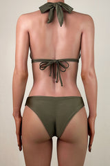 Sexy Ruffle Knot High Leg Brazilian Cheeky Scrunch Halter Slide Triangle Bikini Set