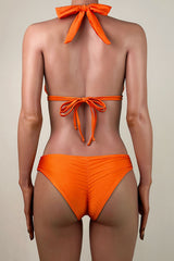 Sexy Ruffle Knot High Leg Brazilian Cheeky Scrunch Halter Slide Triangle Bikini Set
